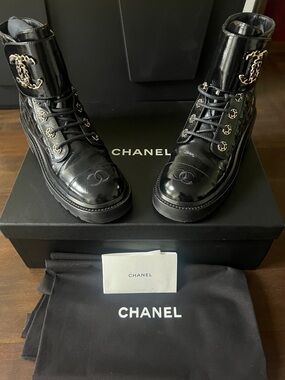 CHANEL Black Quilted Patent Leather Combat Boots with Chain CC